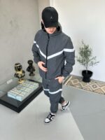 Мужской Графитовый Спортивный Костюм Плащевка с Белыми Полосками - Олимпийка с Капюшоном + Штаны Джоггеры