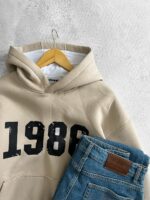 Мужское Бежевое Худи Оверсайз с Принтом "1986" - Утепленное на Флисе с Двойным Рукавом