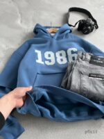 Мужское Голубое Худи Оверсайз с Принтом "1986"  - Утепленное на Флисе с Двойным Рукавом