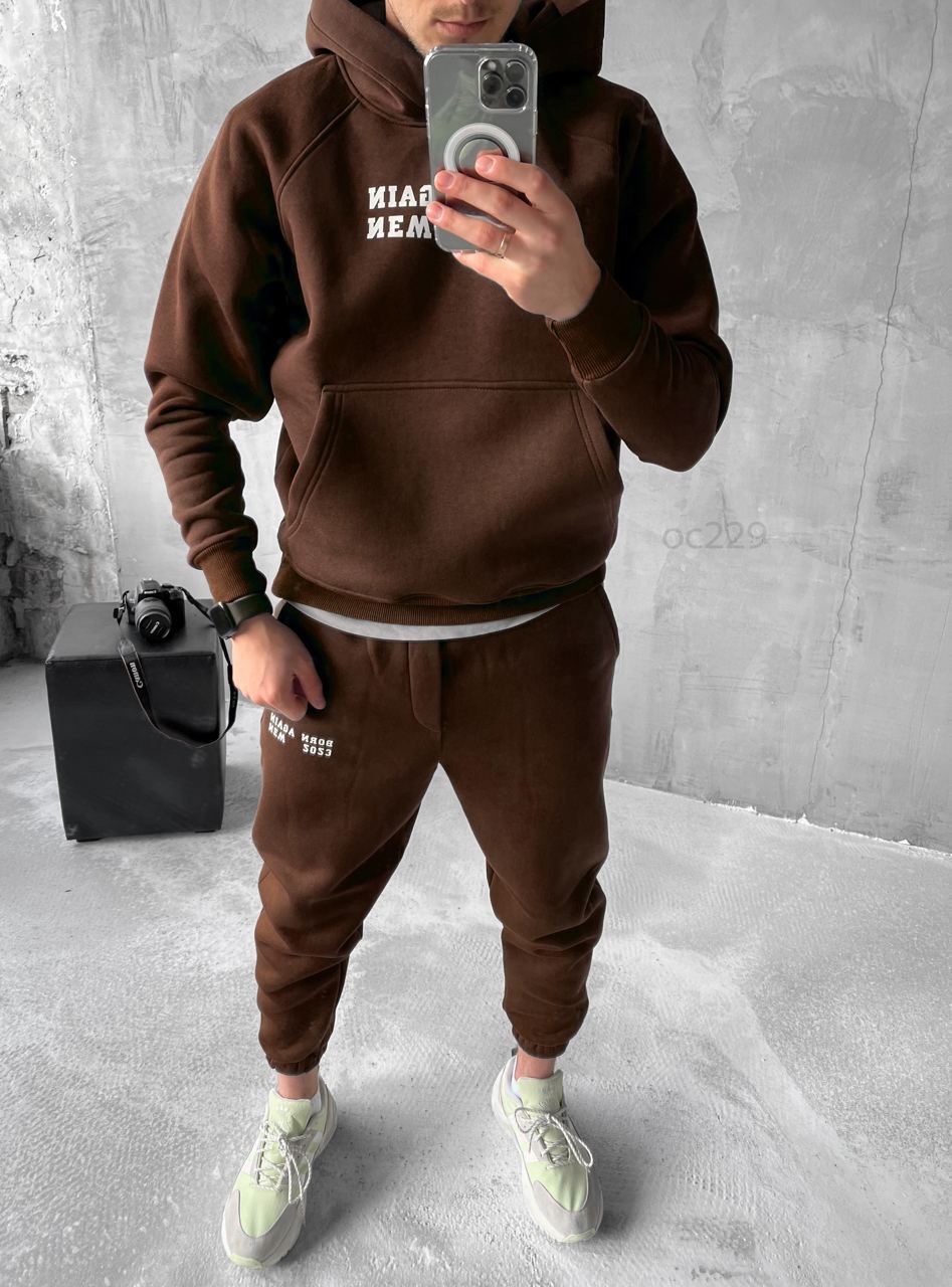 photo_2024-10-22_10-59-12 Мужской Теплый Коричневый Спортивный Костюм на Флисе с Надписью "Born Again New 2023" - Худи + Джоггеры