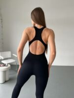 Женский Черный Бесшовный Спортивный Комбинезон для Фитнеса с Вырезами на Спине