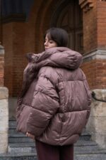 Женская Объемная Зимняя Коричневая Куртка Пуховик Дутик