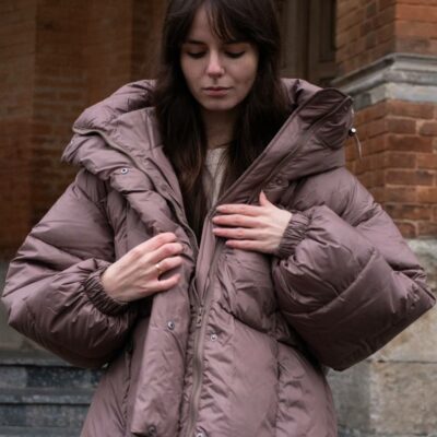 Женская Объемная Зимняя Коричневая Куртка Пуховик Дутик