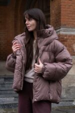 Женская Объемная Зимняя Коричневая Куртка Пуховик Дутик