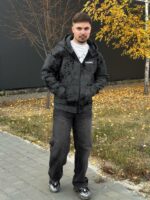 Мужское Утепленное Графитовое Худи Оверсайз на Молнии Варенка Тай Дай с Принтом на Спине