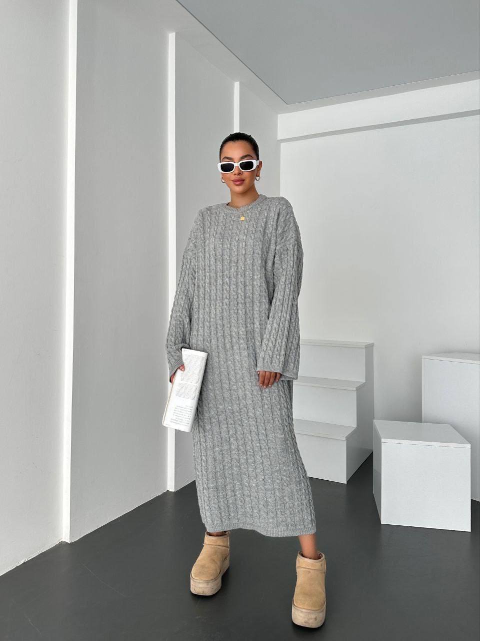photo_2024-11-12_12-34-23 Женское Вязаное Серое Платье Косичка - Теплое Длинное Прямого Кроя