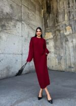 Женское Вязаное Бордовое Платье Косичка - Теплое Длинное Прямого Кроя