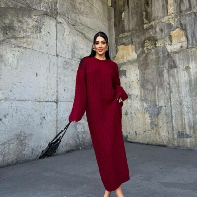 Женское Вязаное Бордовое Платье Косичка - Теплое Длинное Прямого Кроя