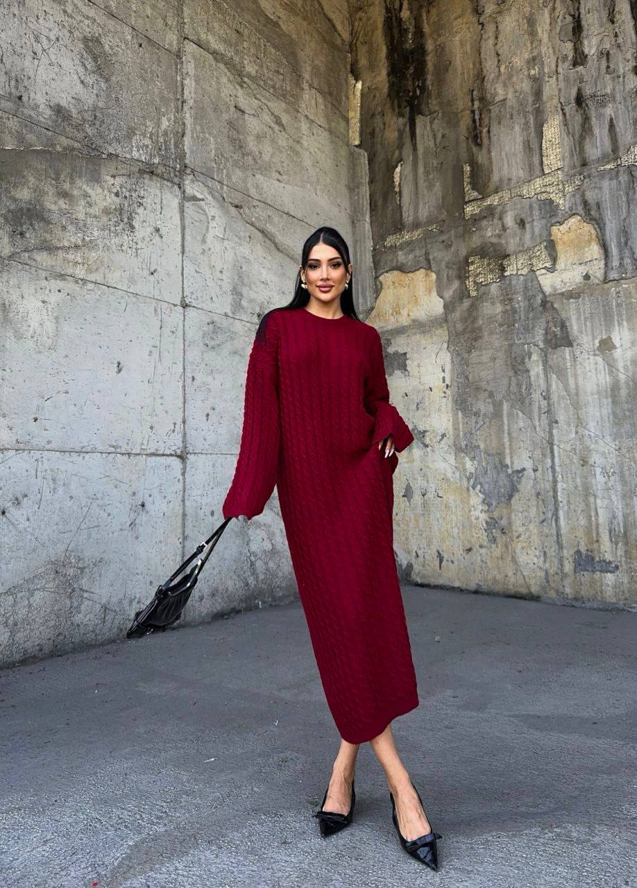 photo_2024-11-12_12-34-29 Женское Вязаное Бордовое Платье Косичка - Теплое Длинное Прямого Кроя