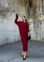 Женское Вязаное Бордовое Платье Косичка - Теплое Длинное Прямого Кроя