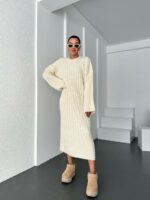 Женское Вязаное Молочное Платье Косичка - Теплое Длинное Прямого Кроя