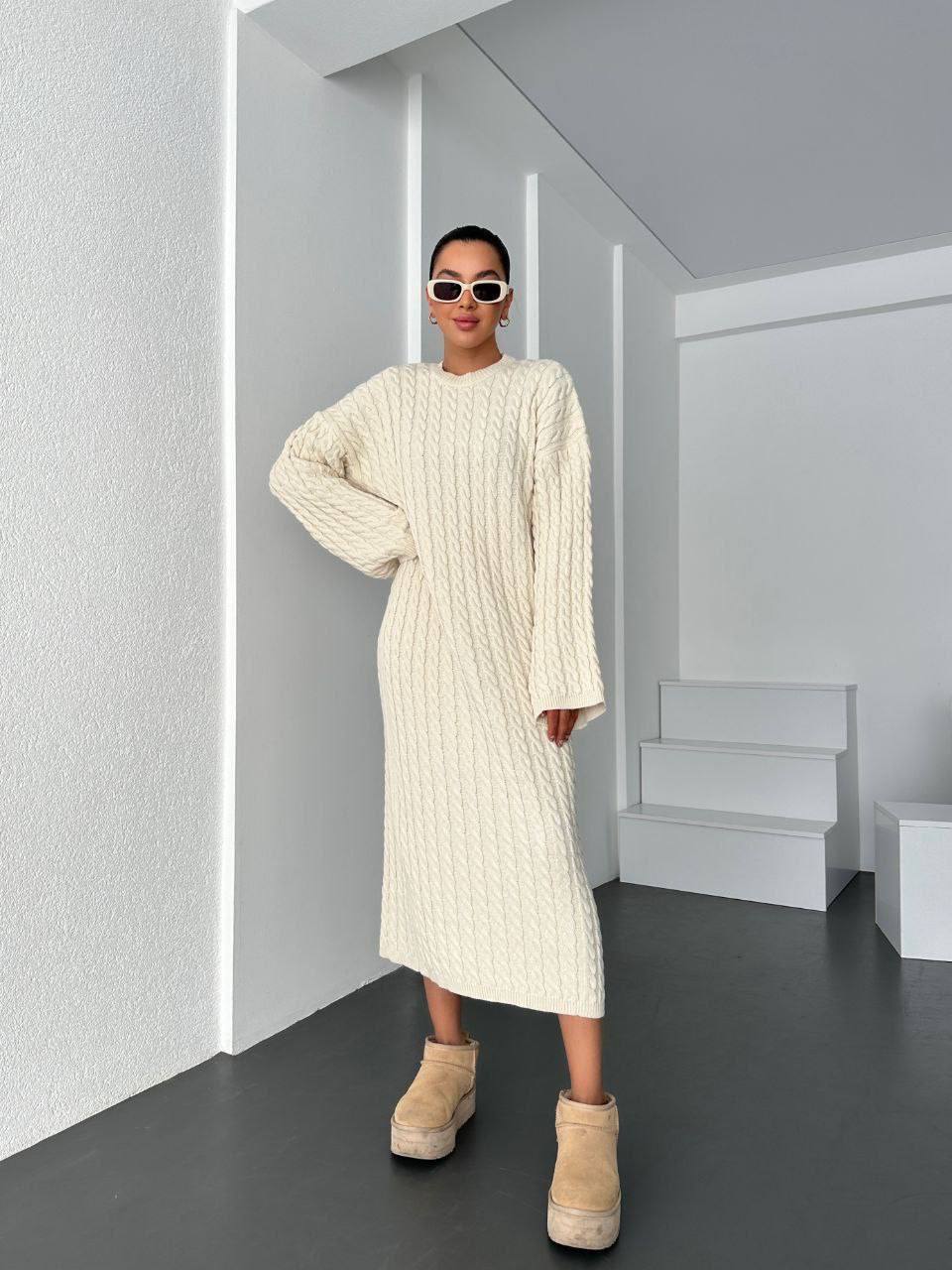photo_2024-11-12_13-27-12 Женское Вязаное Молочное Платье Косичка - Теплое Длинное Прямого Кроя