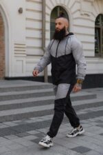 Мужской Черный Костюм Плащевка с Коричневыми Вставками - Кофта на Молнии + Штаны с Манжетами