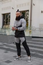 Мужской Черный Костюм Плащевка с Коричневыми Вставками - Кофта на Молнии + Штаны с Манжетами