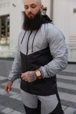 Мужской Черный Костюм Плащевка с Коричневыми Вставками - Кофта на Молнии + Штаны с Манжетами