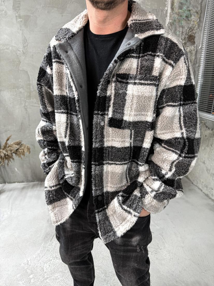photo_2024-12-06_08-38-58 Мужская Утепленная Серая Рубашка Оверсайз в Клеточку - Барашек на Флисе