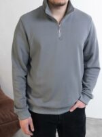 Мужская Хлопковая Серая Кофта под Горло с Манжетами и Замком на Воротнике