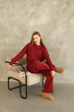 Женский Свободный Трикотажный Красный Костюм Двойка - Джемпер на Молнии + Штаны Палаццо