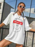 Женская Объемная Белая Футболка Свободного Кроя с Принтом Shut Up