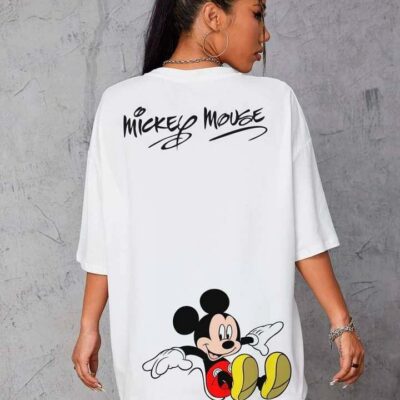 Женская Объемная Белая Футболка Свободного Кроя с Принтом Mickey Mouse