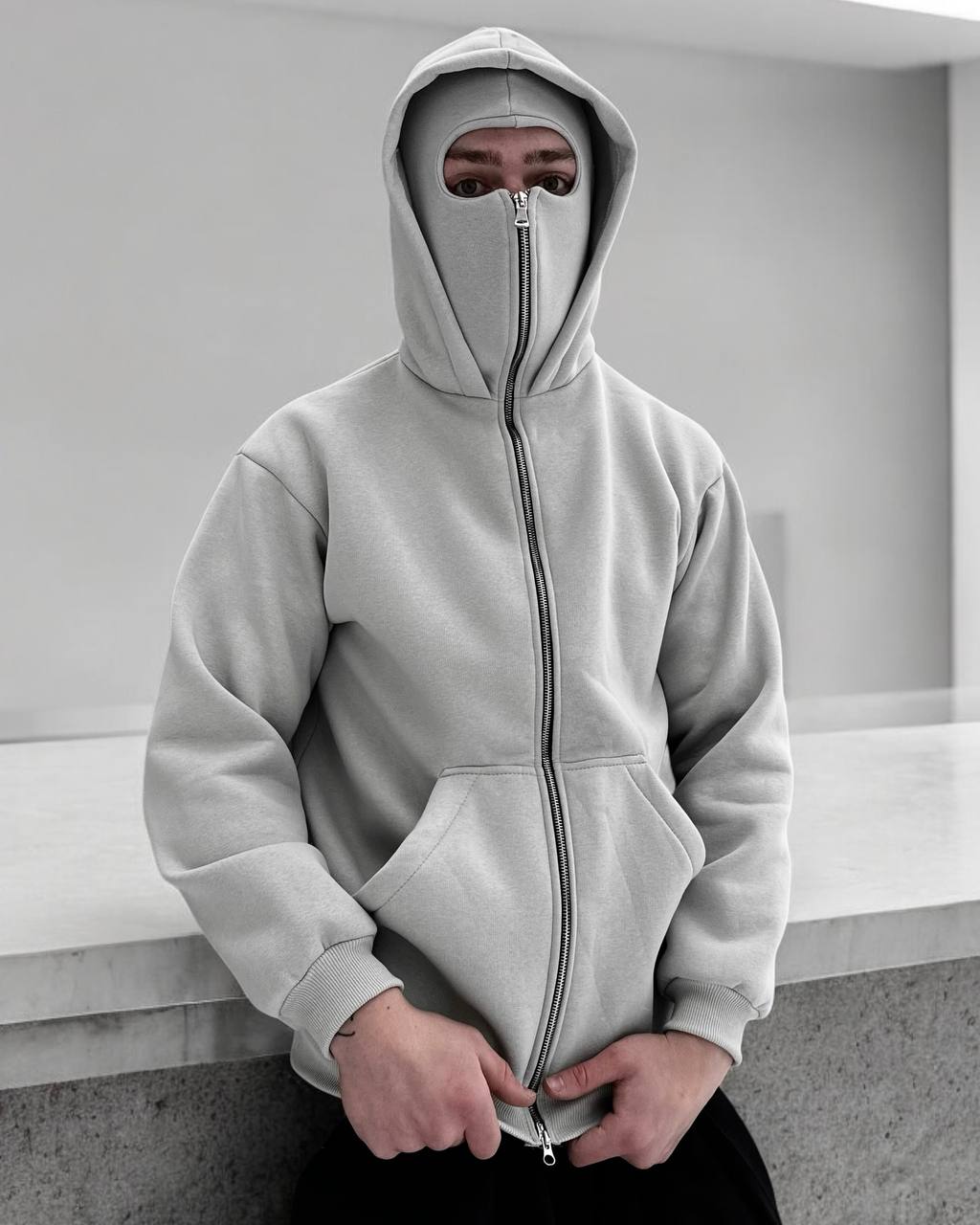 photo_2025-01-14_12-12-46 Мужское Серое Худи Оверсайз на Молнии - Утепленное на Флисе с Капюшоном и Балаклавой