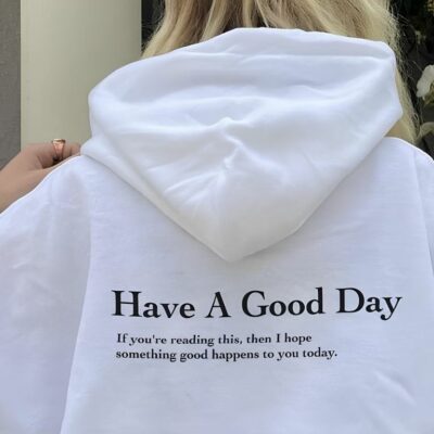 Женское Объемное Белое Худи Оверсайз с Надписью "Have a Good Day" на Спине