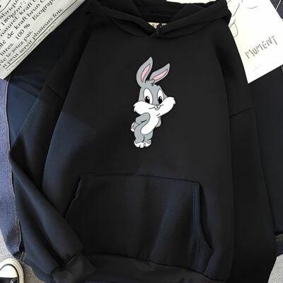Женское Объемное Черное Худи Оверсайз с Принтом Bugs Bunny