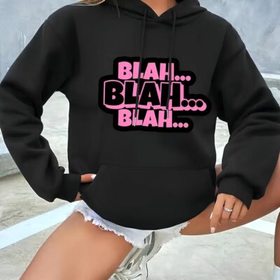 Женское Объемное Черное Худи Оверсайз с Принтом Надписью "Blah... Blah... Blah..."