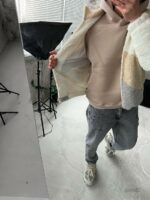Мужской Трехцветный Молочный Бомбер Барашек - Теплый Плюшевый на Молнии с Высокой Горовиной