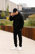 Мужской Базовый Черный Спортивный Костюм Худи Штаны - Утепленный на Флисе