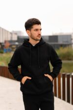 Мужской Базовый Черный Спортивный Костюм Худи Штаны - Утепленный на Флисе