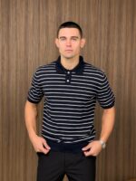 Мужская Полосатая Темно-Синяя Футболка с Воротником Поло - Тонкая Вязка