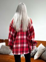 Женская Объемная Клетчатая Красная Рубашка Оверсайз на Кнопках