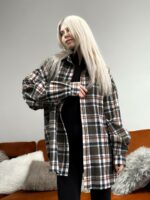 Женская Объемная Клетчатая Рубашка Хаки Оверсайз на Кнопках