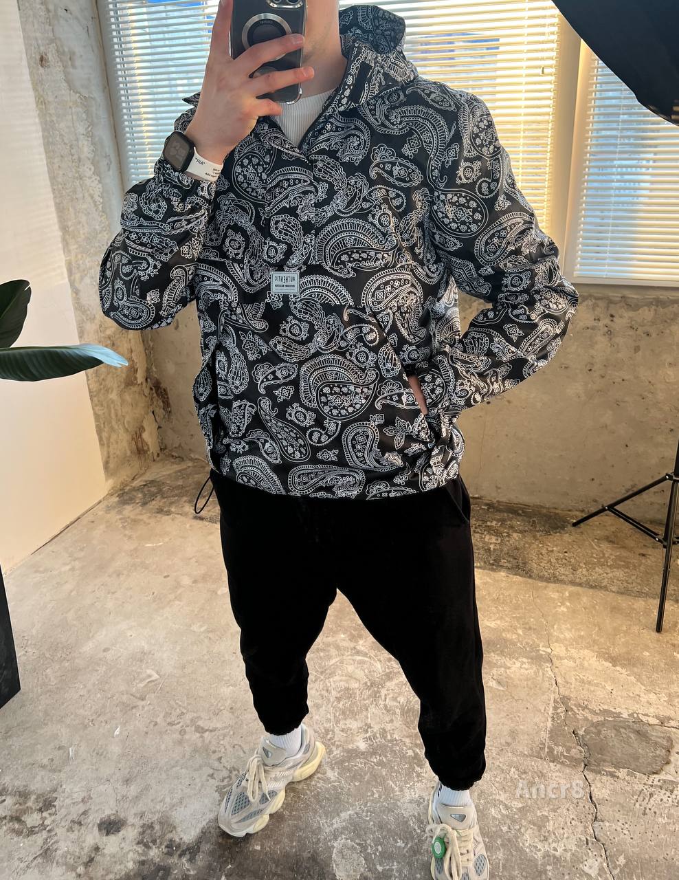 photo_2025-02-23_13-46-32 Мужской Черный Анорак Плащевка с Капюшоном в Принт Огурец