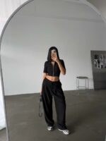 Женский Трикотажный Черный Костюм Двойка в Рубчик - Топ на Змейке + Широкие Штаны