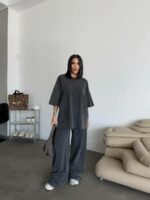 Женский Хлопковый Графитовый Костюм Варенка Оверсайз (Футболка + Штаны)
