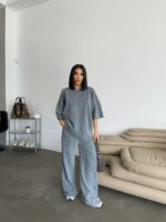 Женский Хлопковый Серый Костюм Варенка Оверсайз (Футболка + Штаны)