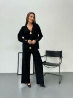 Женский Трикотажный Черный Костюм Кардиган Штаны с Золотистой Фурнитурой