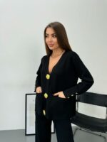 Женский Трикотажный Черный Костюм Кардиган Штаны с Золотистой Фурнитурой