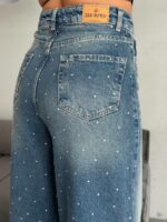 Женские Широкие Синие Джинсы Багги в Стразах