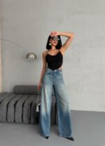 Женские Широкие Синие Джинсы Багги в Стразах