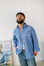 Мужская Льняная Синяя Рубашка Оверсайз в Полоску