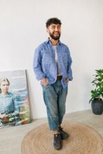 Мужская Льняная Синяя Рубашка Оверсайз в Полоску