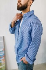 Мужская Льняная Синяя Рубашка Оверсайз в Полоску