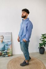 Мужская Льняная Синяя Рубашка Оверсайз в Полоску