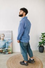 Мужская Льняная Синяя Рубашка Оверсайз в Полоску