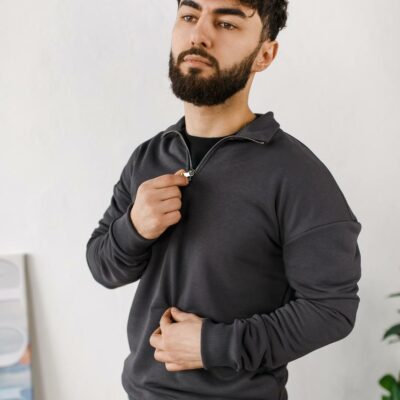 Мужская Базовая Графитовая Кофта с Высокой Горловиной на Замке