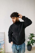 Мужская Теплая Черная Кофта Барашек на Молнии с Высокой Горловиной