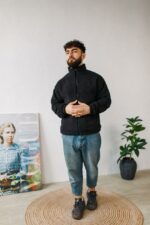 Мужская Теплая Черная Кофта Барашек на Молнии с Высокой Горловиной